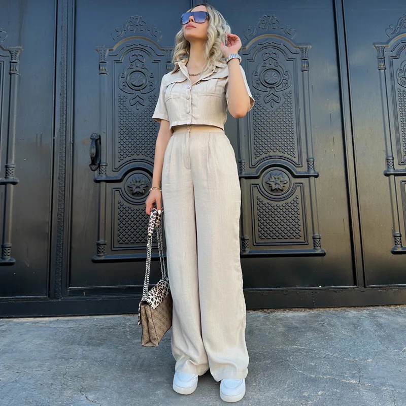 kf-S122f2ada6ea04e8f806acfae62834d4eX-Minimalist-Casual-Women-s-Set-2024-Summer-Solid-Color-Lapel-Short-Sleeved-Short-Top-Button-Pocket